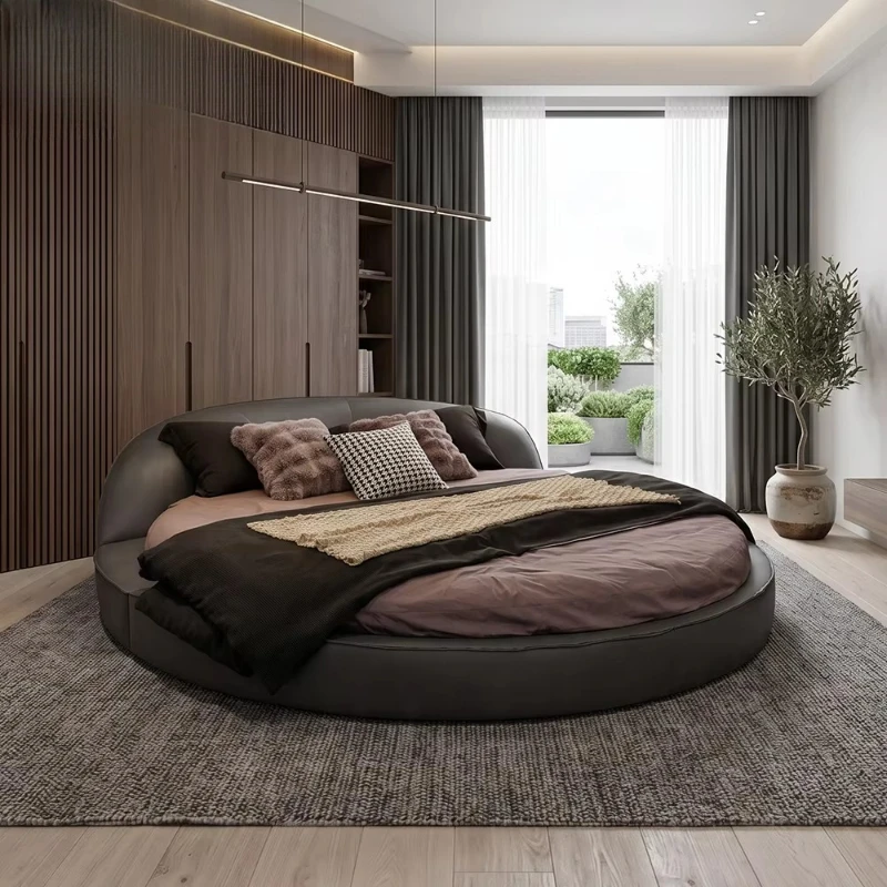 Simple round soft bed frame Modern curved leather bed suitable for villa bedroom