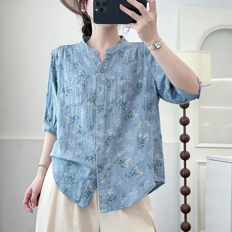 

Women's Casual Short Sleeve V-Neck Floral Print Button Down Blouse Soft Fabric Regular Fit