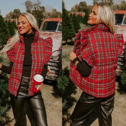 Winter Frauen Plaid Weste Mantel elegante Vintage y2k ärmellose Stehkragen warme dicke Baumwolle gepolsterte Jacke Outwear