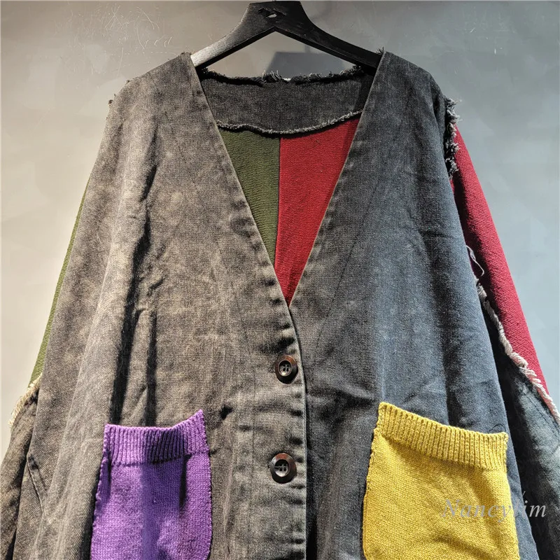 Retro Distressed Contrast Color Knitted Stitching Jeans Jacket Loose Coat 2024 Autumn Fashion Women's Oversized Coats