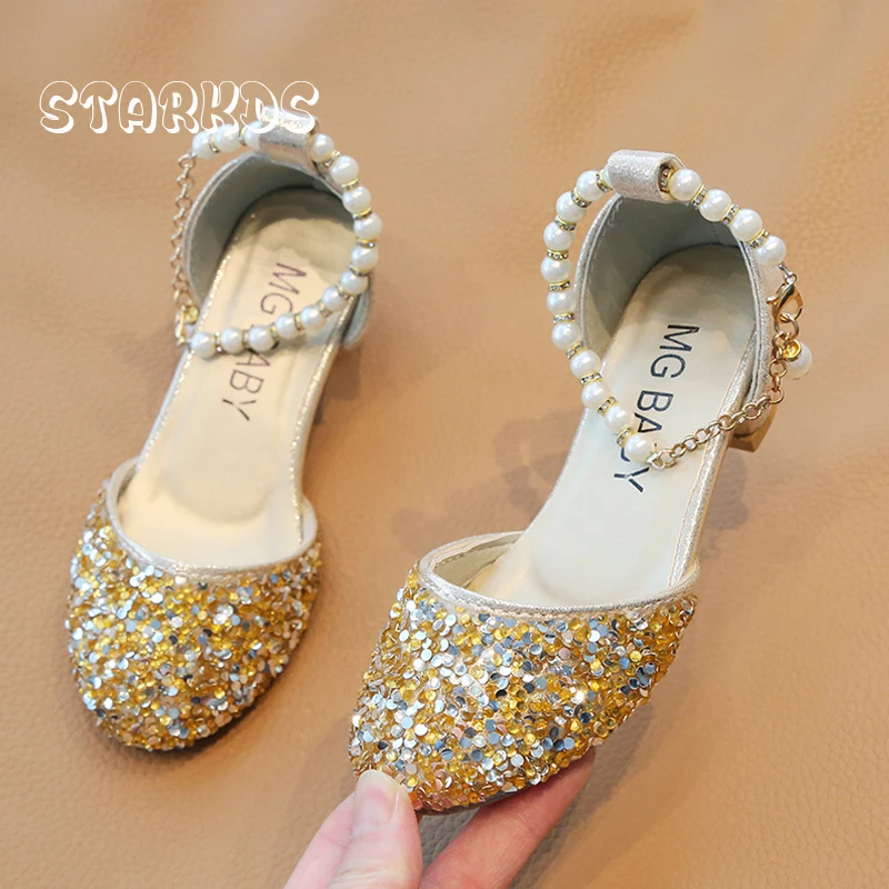 Bling Stage Dance Shoes For Girls Luxury Low Heel Glitter Sandals Kids Gold Silver Wedding Party Pumps with Ankle Pearl Chains