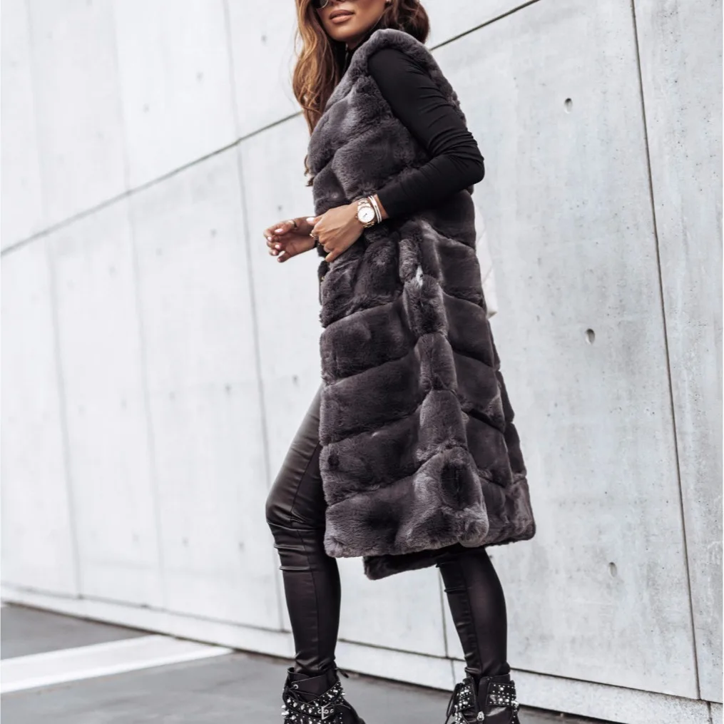 Women Long Faux Fur Fur Vests Coat Overcoat Sleeveless High Waist Autumn Winter Long Round Neck Solid Color