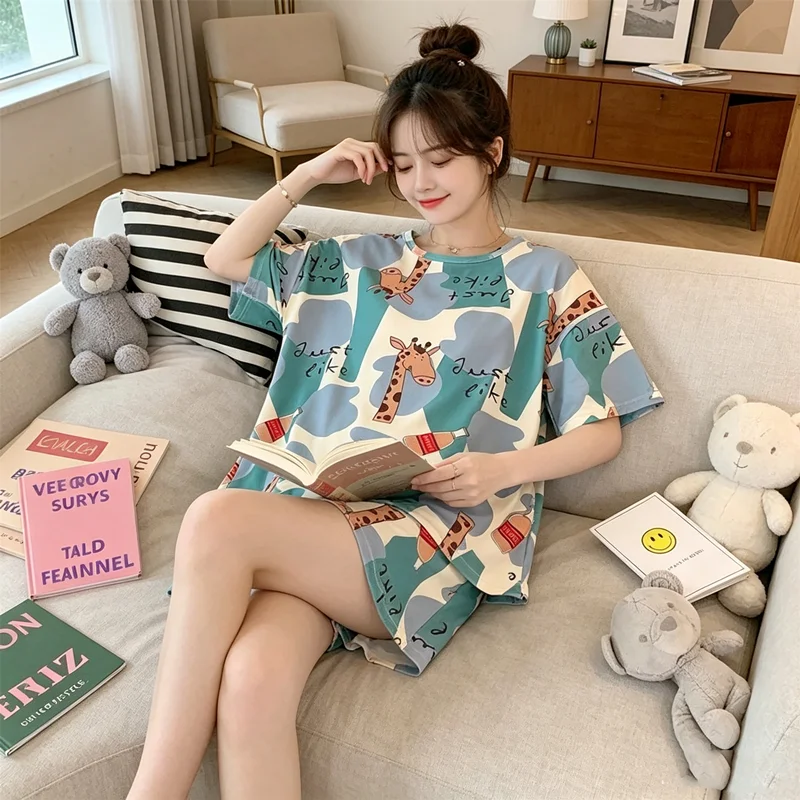 Two-Piece Set Set Of Ladies Pajamas Summer Short-Sleeved Shorts Thin Section Of Small Fresh Cute Loose Comfortable Homewear Set