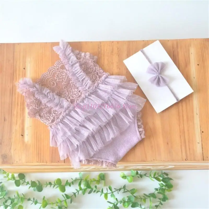 R6FD Baby Photography Props Newborns Photo Clothes Photography Costume Lace Romper Bowknot Hairband Outfit for Toddler