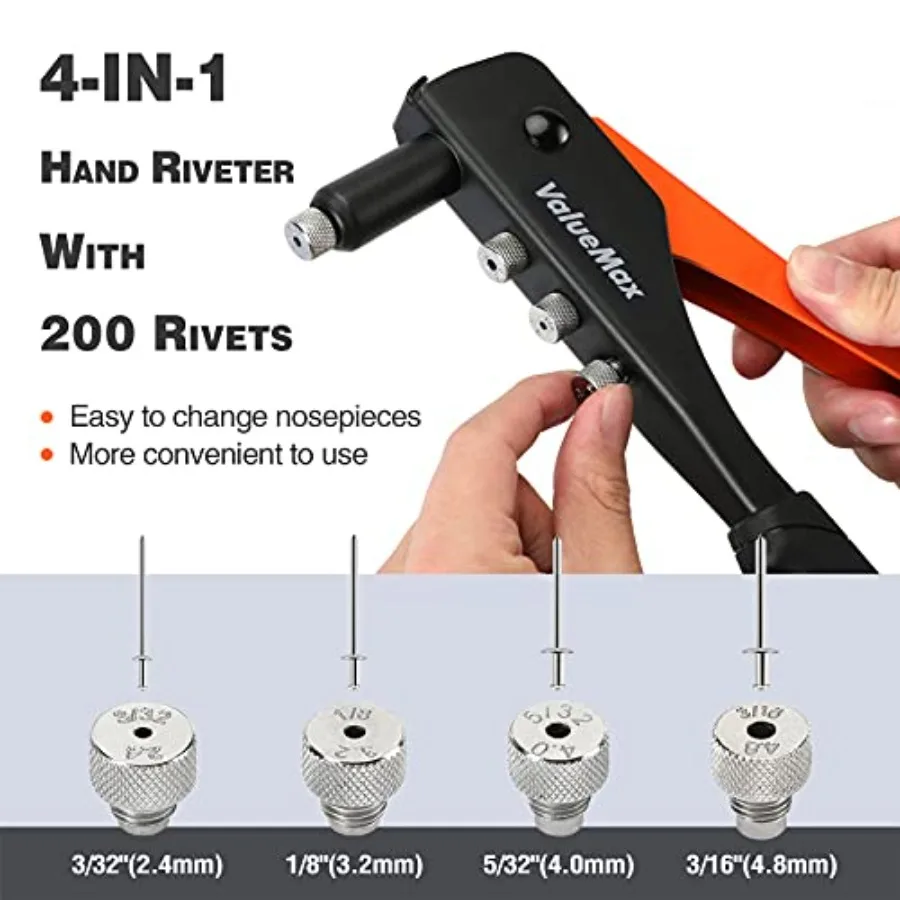 4in1 Hand Riveter Rivet Gun Pop Rivet Tool Kit with 200 Rivets in 3 32inch 1 8inch 5 32inch 3 16inch Sizes and 4 Interchangeabl