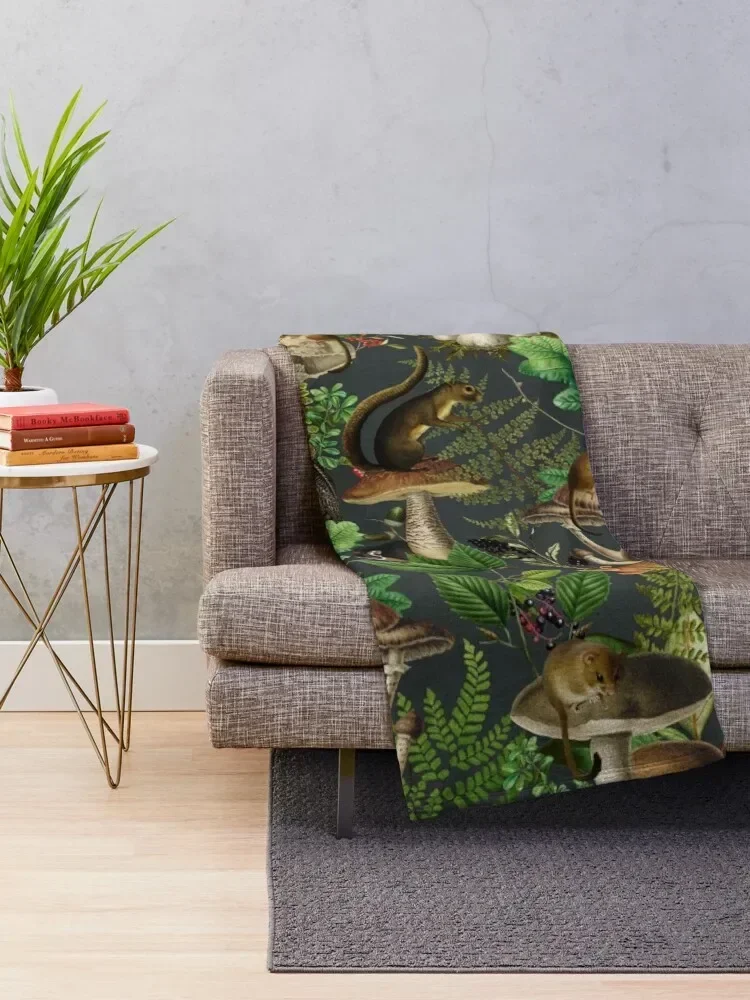 Woodland Fairytale- Mushrooms And Wild Animals In Forest - Vintage Botanical Night Garden Pattern Throw Blanket Heavy Blankets