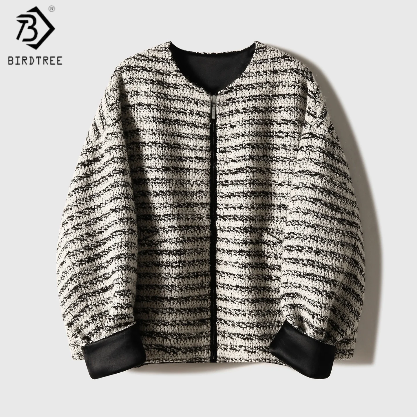 

Birdtree,Wool Blended Retro Coat,Woman Stripe O-neck Zipper Cadigan,Full Sleeve Loose Tops,Autumn Winter Short Coats T5N907JF