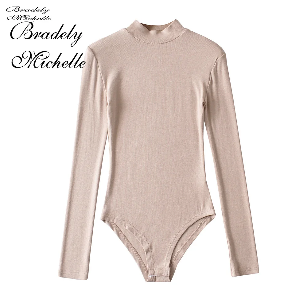 BRADELY MICHELLE Spring Autumn Casual Full- sleeve half high collar knitted bodysuits women streetwear jumpsuits for women tops