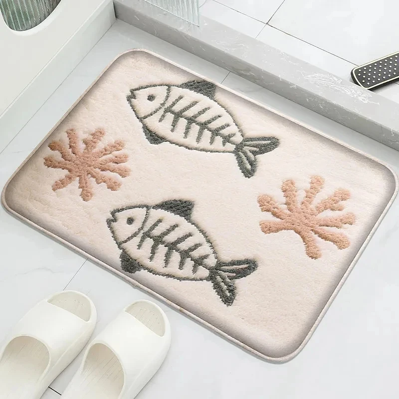 VIKAMA Minimalist Fish Bone Coral Bath Mat, Soft Ocean Style Fluffy Rug, Non-slip Absorbent Washable Bathroom Shower Floor Mat