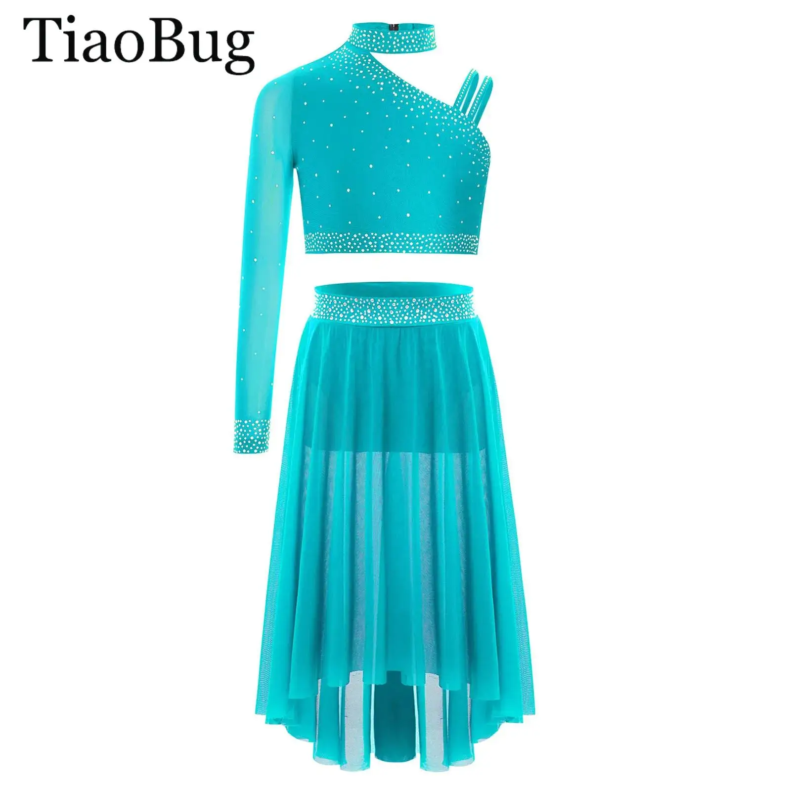 

Kids Girls Lyrical Dance Set Rhinestones Tops One Shoulder Crop Top with Side Slit Mesh Skirt Modern Contemporary Dance Costume