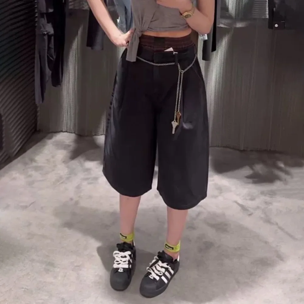 2025, Sommer, neuer Stil, limitierte Auflage, bunte Patchwork-Jeanshose mit doppelter Taille, locker sitzende Damenhose mit weitem Bein