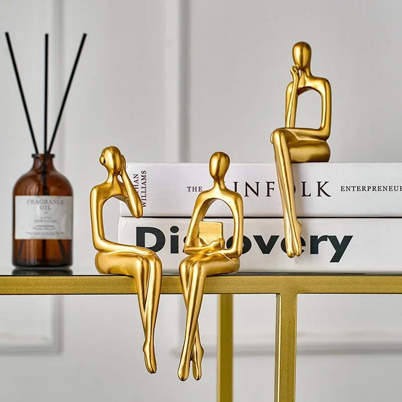 3PCS Nordic Abstract Character Resin Thinker Sculpture Decorative Art Golden Statue Home Decoration Bookshelf Desktop Crafts