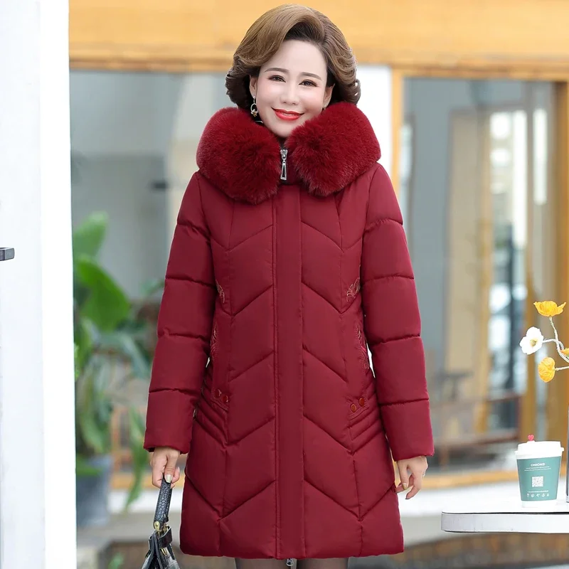 Middle-aged Women\'s Winter Coats Hooded Fur Collar 2023 New Casual Winter Clothes Women Down Jacket Thick Warm Loose Long Parkas