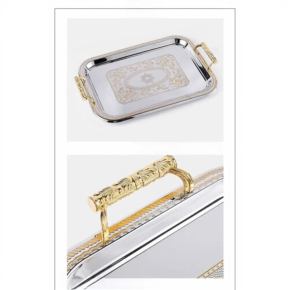 33x23.5cm Stainless Steel Serving Tray Gold Tone Rectangular with Ergonomic Handles Embossed Floral Motif for Catering