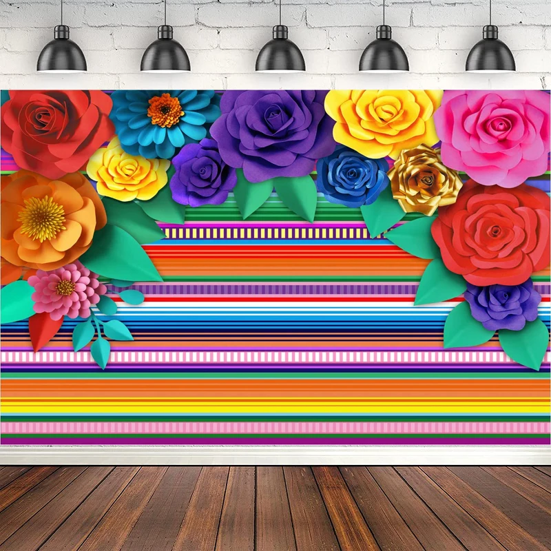 Mexican Theme Party Striped Photography Backdrop Fiesta Cinco De Mayo Paper Flowers Background For Cake Table Decor Photo Booth