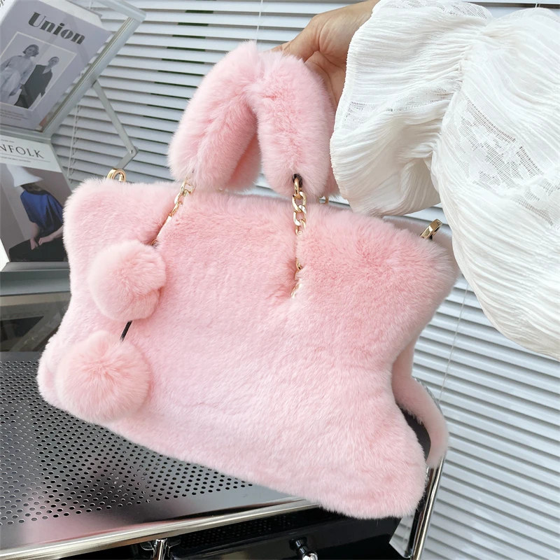 

Autumn Winter New Furry Bag Big Tote Bags Real Rex Rabbit Fur Handbangs With PomPom Charms