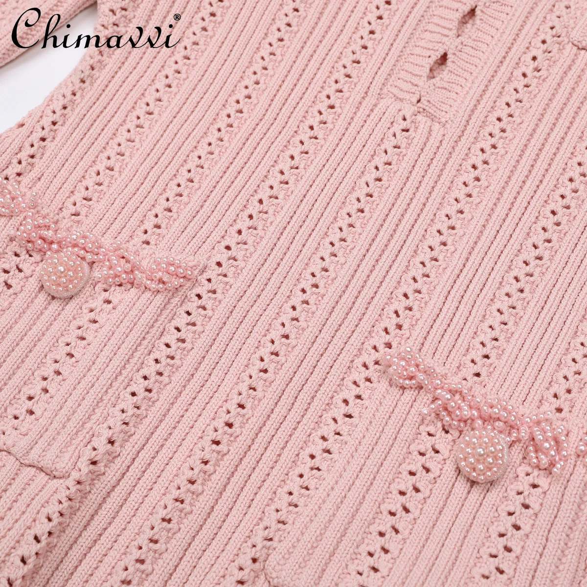 봄 가을 신상 니트 브이넥 허리 조임 숏 드레스 헤비 비즈 장식 롱 슬리브 우아한 파티 드레스 여성용