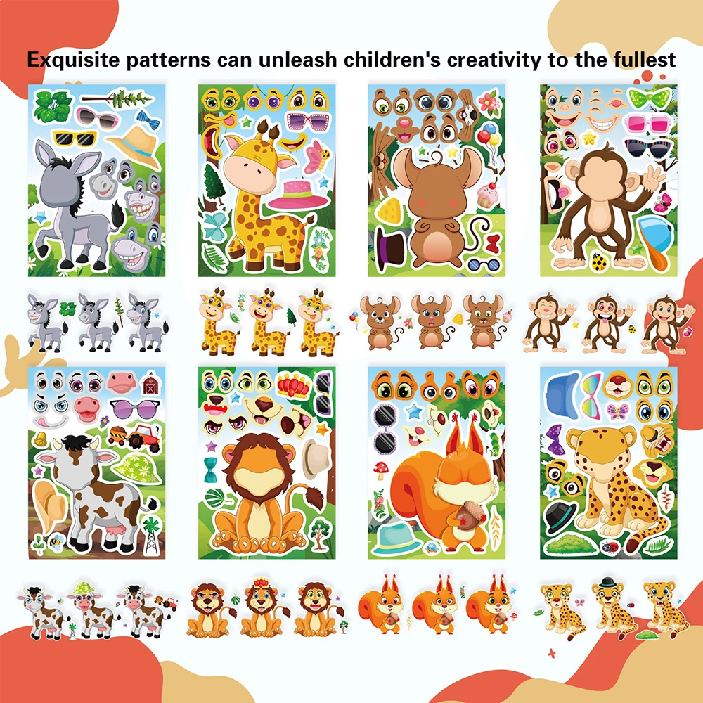 8/16Sheets Kids Animals Make a Face Puzzle Stickers Create your own Monkey Lion Giraffe Children DIY Jigsaw Reward Party Favors