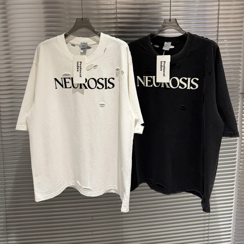 

26SS American Style High Street Hip Hop Distressed Protocol T-shirt Trend Fashion Letter Print Short Sleeves