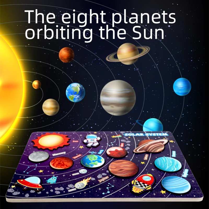 Cartoon Galaxy Cognition Board Wooden Solar System Puzzle for Kids Montessori Astronomy Educational Learning Toys Early Teaching