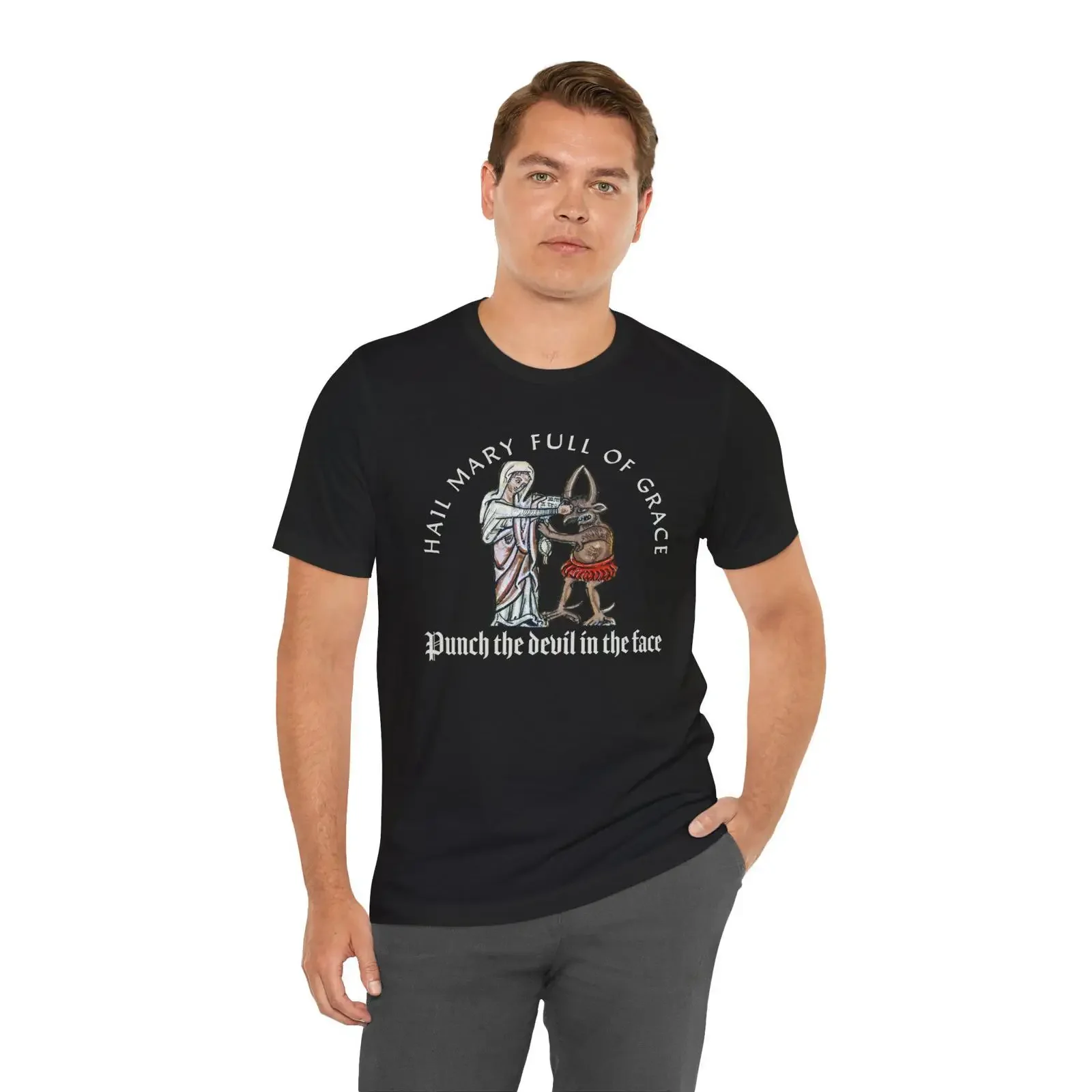 Hail Mary Full of Grace Punch The Devil In Face Funny T Shirt Catholic Confirmation Ordination Priest  vintage Washed Stretched