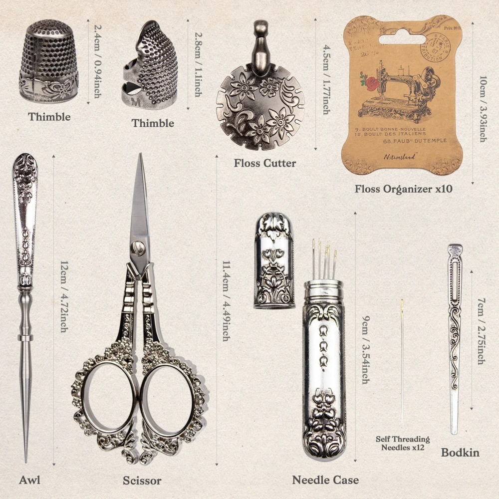 Komplettes Vintage-Nähset im europäischen Stil, Retro-Nähset in Holzbox mit antiken Stickerscheren und Nadeln für DIY-Bastelarbeiten – Detail 2