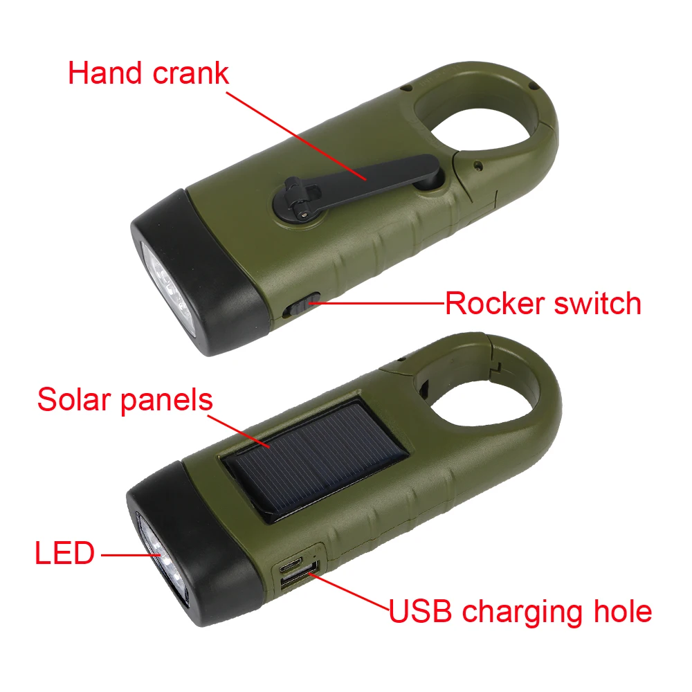 Power Bank Emergency Hand Crank Dynamo Solar Flashlight Rechargeable Survival Gear LED Flashlight For Fishing Boating Hiking