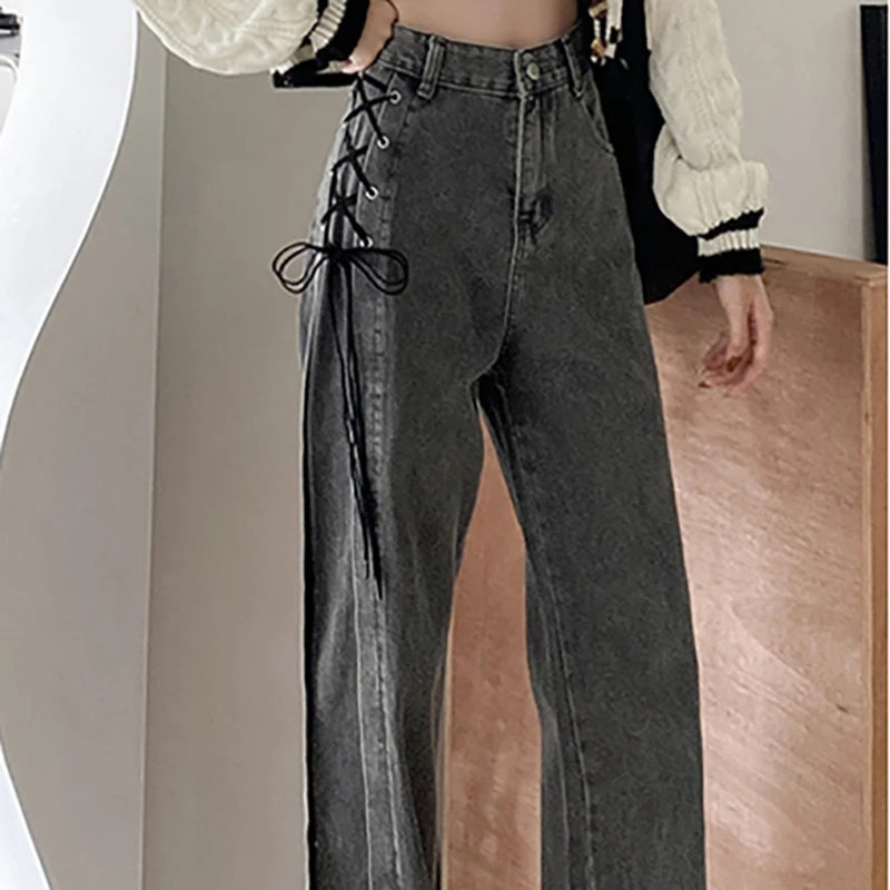 Chic Design Bandage Gray Denim Pants Women Autumn Loose Straight Wide Leg Jeans Casual Ladies Trousers Streetwear S-5xl