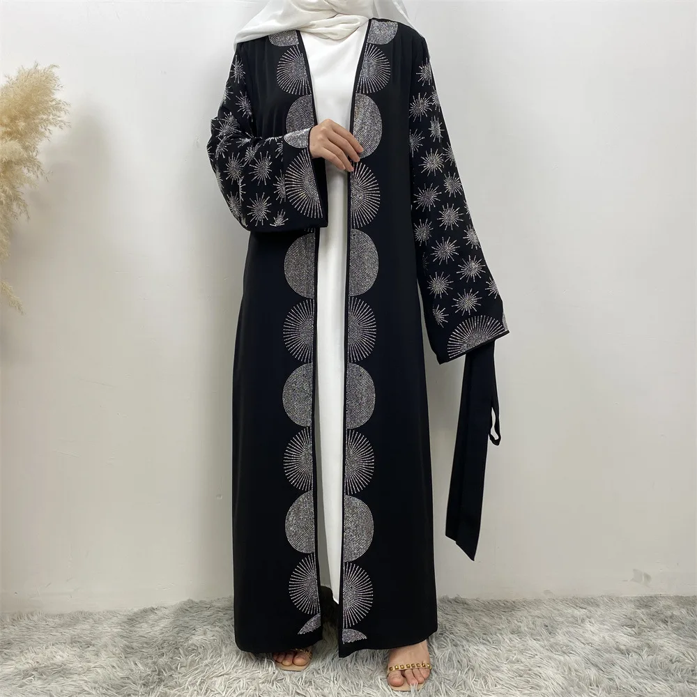 New Ramadan Rhinestone Cardigan Islamic Dresses With Pockets Kebaya Muslim Fireworks Kimono Abaya Dubai Modest Clothing Women