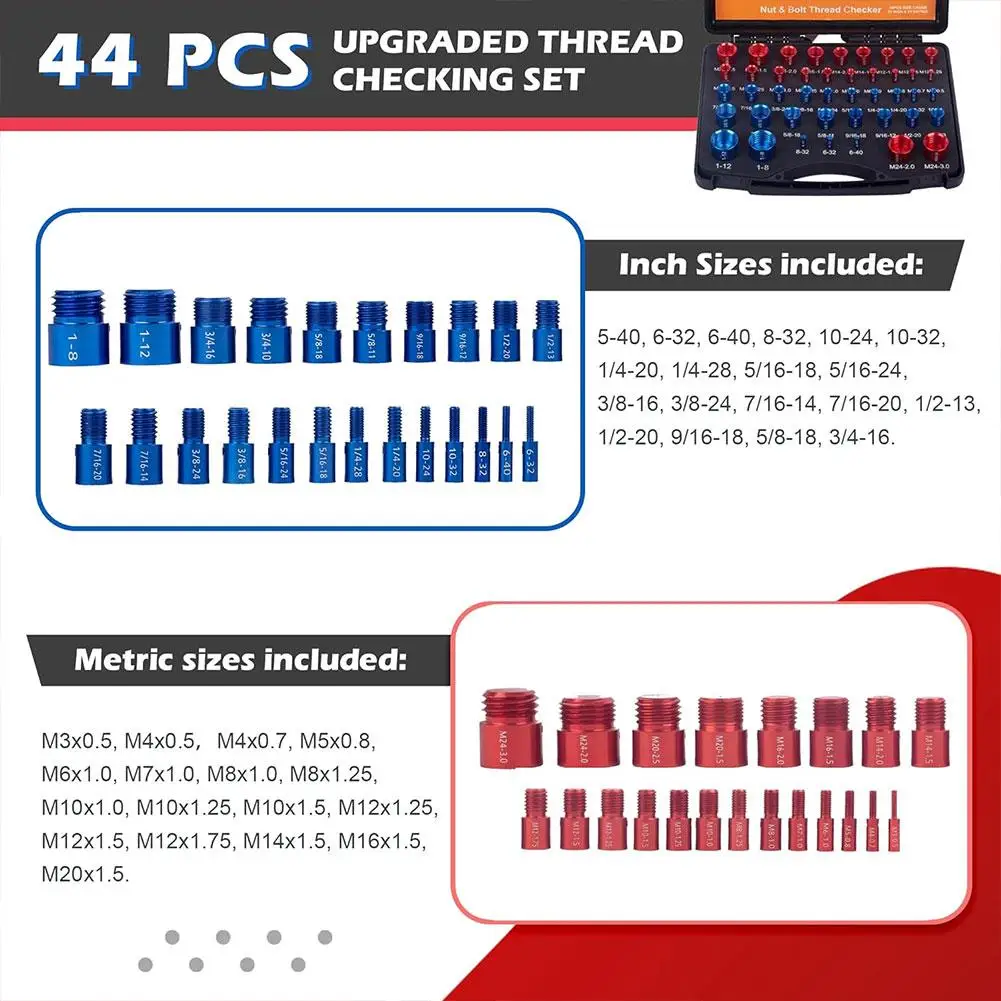 44 Bolt Size and Thread Gauge Nut and Bolt Thread Checker 23 Inch & 21 Metric Sizes Individually Assembled Thread Gauge