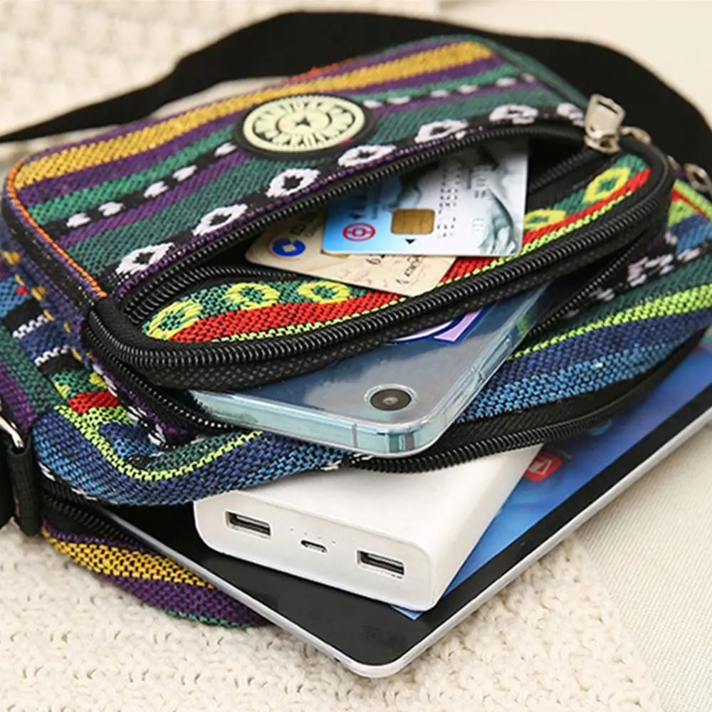 Casual Nylon Shoulder Bag Multi Layered Stripe Print Vintage Tote Bag Classic Crossbody Bag Student