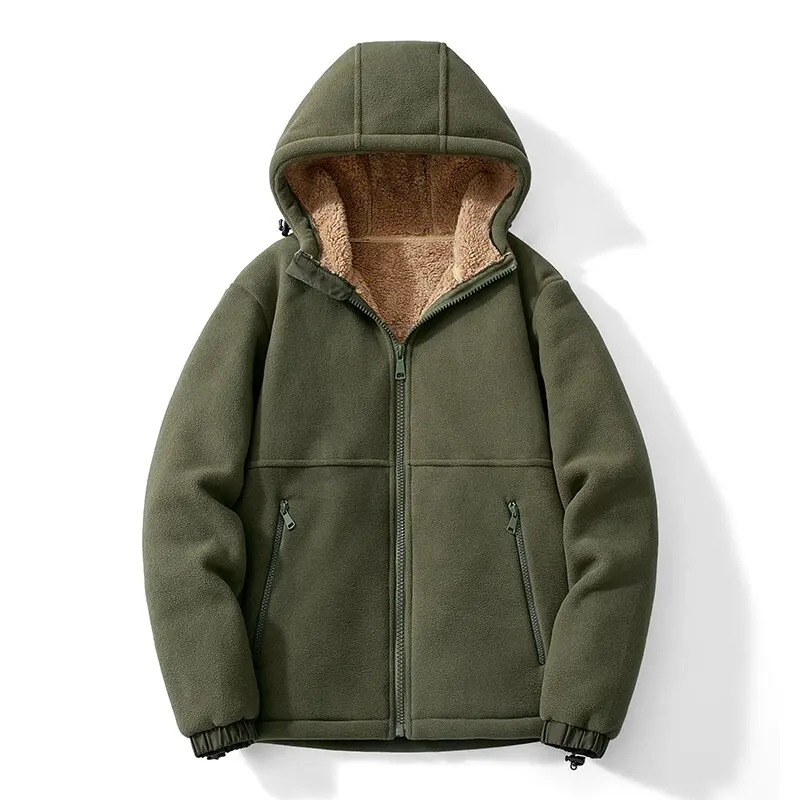 2024 Autumn/Winter New Fashion Solid Color Lamb Wool Hooded Coat Men\'s Casual Loose Thick Warm High Quality Plus-Size Jacket