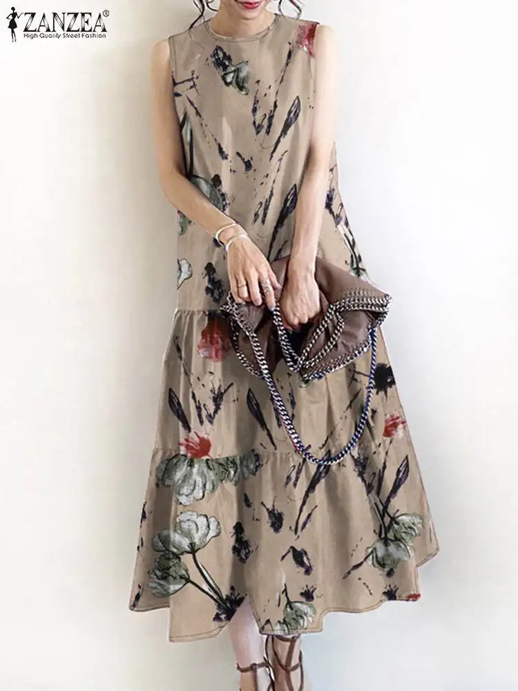 ZANZEA Loose Sleeveless Tiered Robes Casual O Neck Summer 2024 Elegant A-line Vestidos Vintage Women Floral Printed Midi Dress