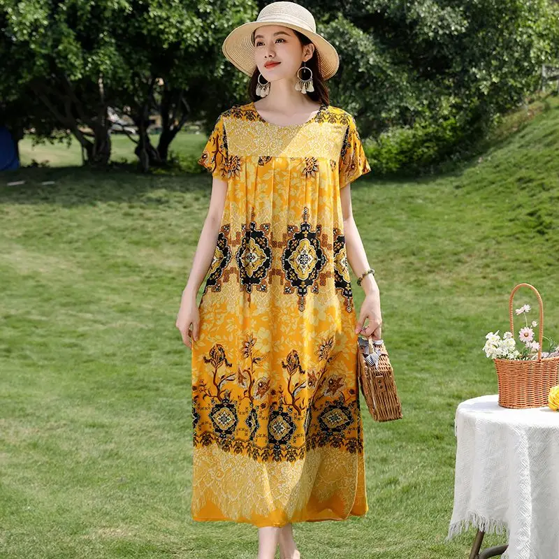 

Fashion O-Neck Spliced Loose Printed vintage dress Women Clothing 2025 Summer New Oversized short Sleeve All-match Floral Dress