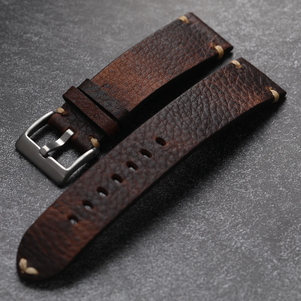 Handmade Head Cowhide Leather Strap, 18 19 20 21 22MM Aged Men\'s Vintage Italian Genuine Leather, Soft Bracelet