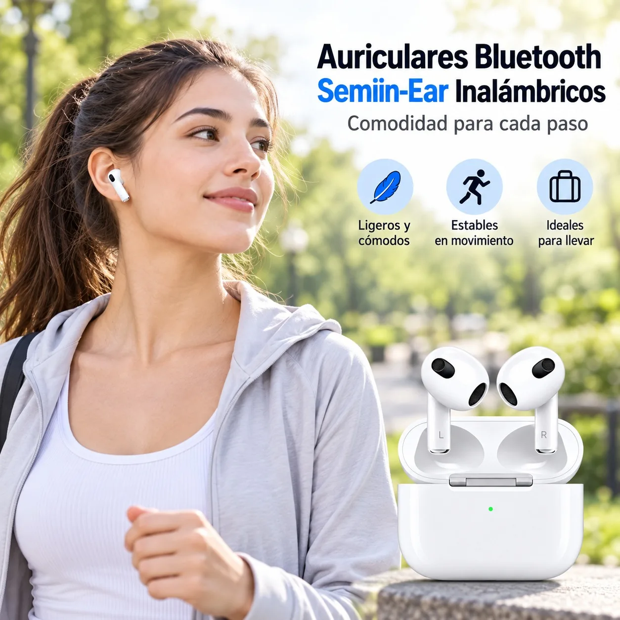 Auriculares Inalámbricos Bluetooth 6.0 Semi-in-Ear con Sonido Hi-Fi Estéreo y Estuche de Carga de 300mAh, Auriculares Deportivos con