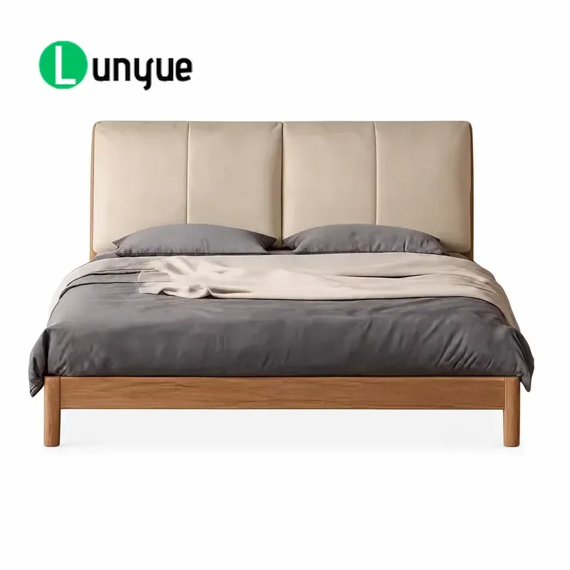 Modern Cotton Bed with Fluffy Soft Leather Headboard American Black Walnut Frame Master Bedroom Furniture Deck Style