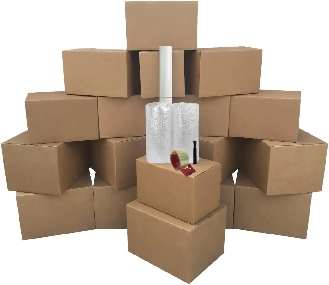 

Moving Boxes Basic Moving Kit: 18 Boxes, Packing Supplies, Tape, Brown Corrugated Boxes with Supplies