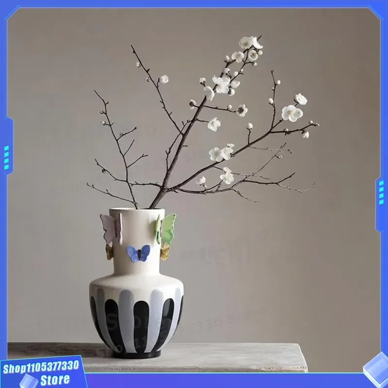 Nordic Style Hand Painted Striped Butterfly Vase Air Dried Flower Holder Desktop Decoration Model Room Soft Furnishing