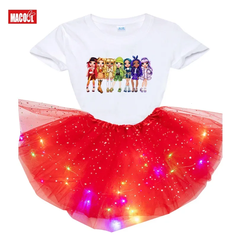 فتاة توتو مجموعات بول وتتسابق الاطفال توتو قمصان طويلة الأكمام مجموعة الفتيات قميص حفلة دعوى قوس قزح فستان خفيف ملابس الاطفال تنورة Et #5