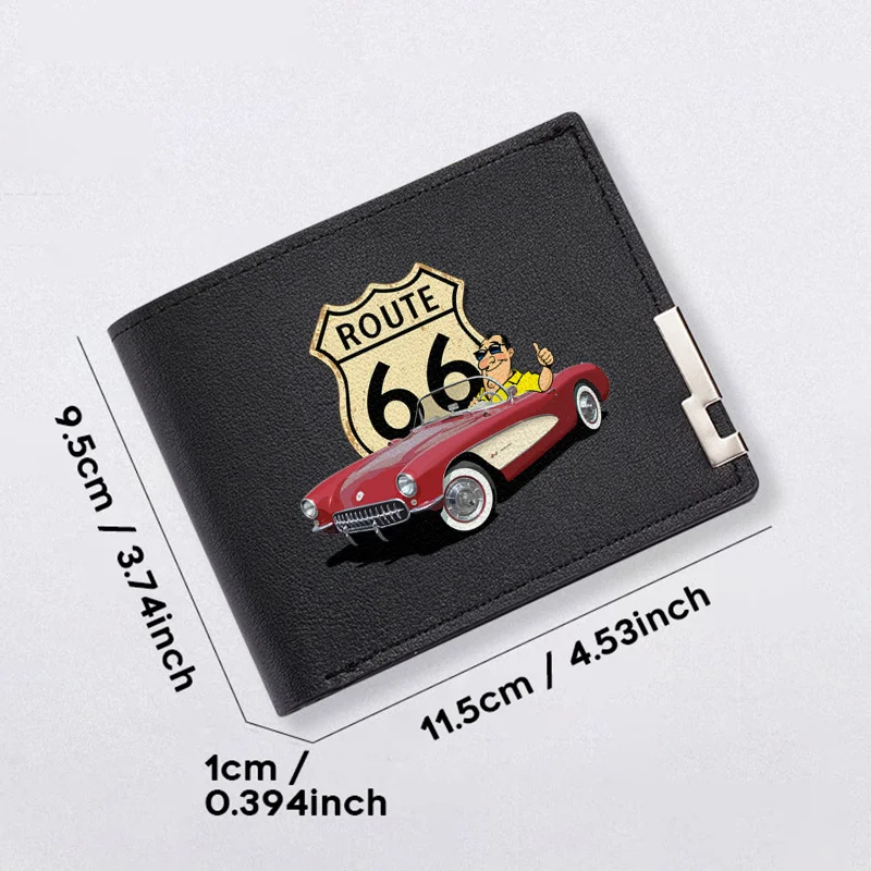 ROUTE 66 Diseño de coche clásico Cartera delgada de PU para hombre Estilo de negocios LUZ duradera Uso diario Accesorios de moda