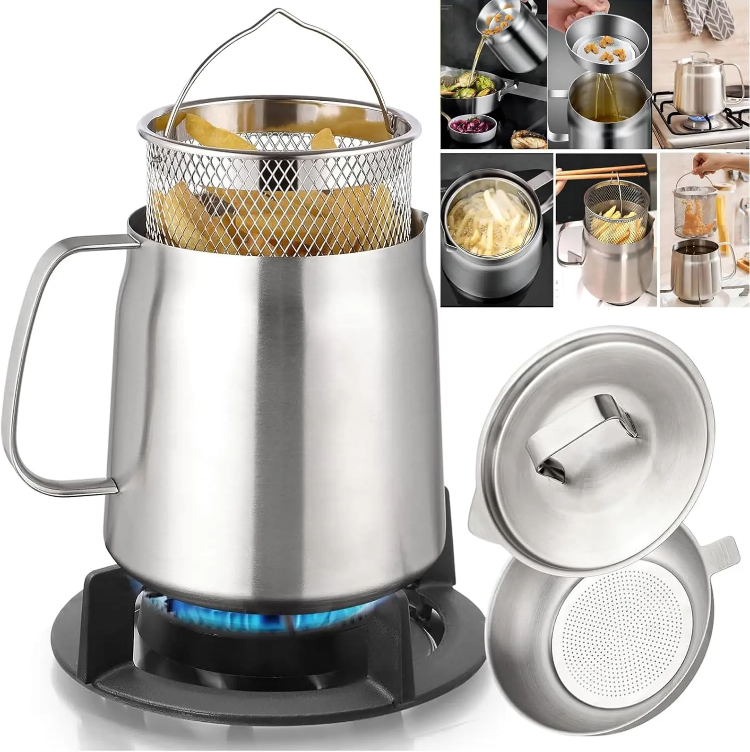 304 Stainless Steel Oil Container with Strainer - Bacon Grease Keeper, Cooking Oil Filter & Grease Separator for Cooking