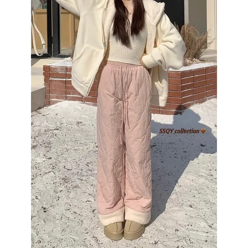 QWEEK Oversized Lamb Brushed Pants for Women Winter Fleece Pink Korean Fashion Baggy Cute Cotton-padded Trousers Harajuku Kawaii