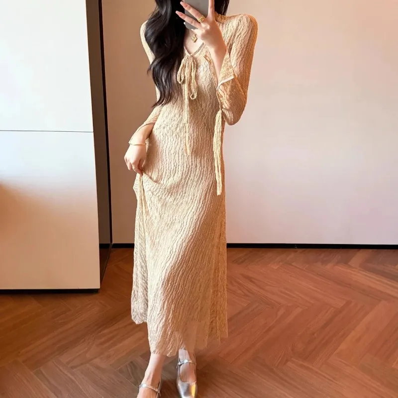 

French Style V-Neck Fashionable Drawstring Dresses Spring Summer Elegant Bow Women's Clothing Lace Aura Slim Bag Hip Long Dress