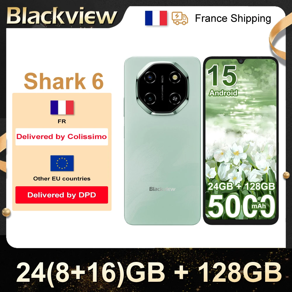 Blackview Smartphone Shark 6 [Pas de chargeur UE] 24(8+16)GB+128GB Android 15 5000mAh 120Hz 16MP+8MP 6.88?HD+ IPS 18W NFC/GPS