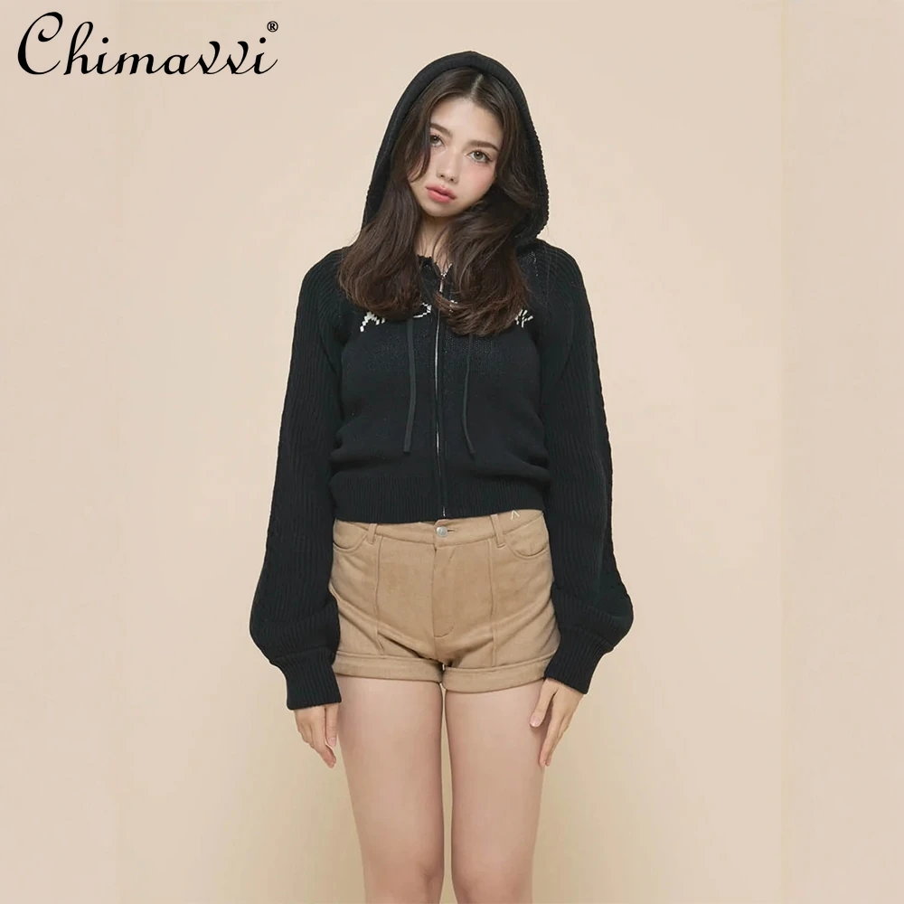 Japoński styl, żakardowy kardigan z zamkiem błyskawicznym, dzianinowy, z długim rękawem, z kapturem, krótki kardigan, top na ramiączkach, zestaw 2-częściowy, jesienna odzież damska.