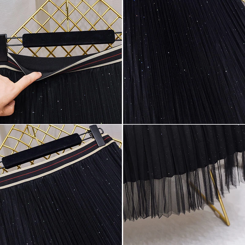 2021 New Spring Summer Autumn High Waist Sequin Half Length Skirt Pleated Skirt A-line Mesh Lady Girl