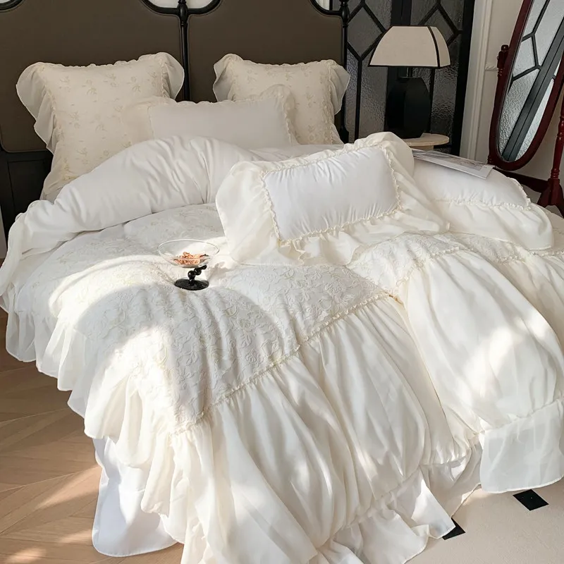 Chic Lace Bedding Girls Aesthetic Duvet Cover Set,Queen King Romantic Princess Style Ruffled Duvet Cover Flat sheet Pillowcases