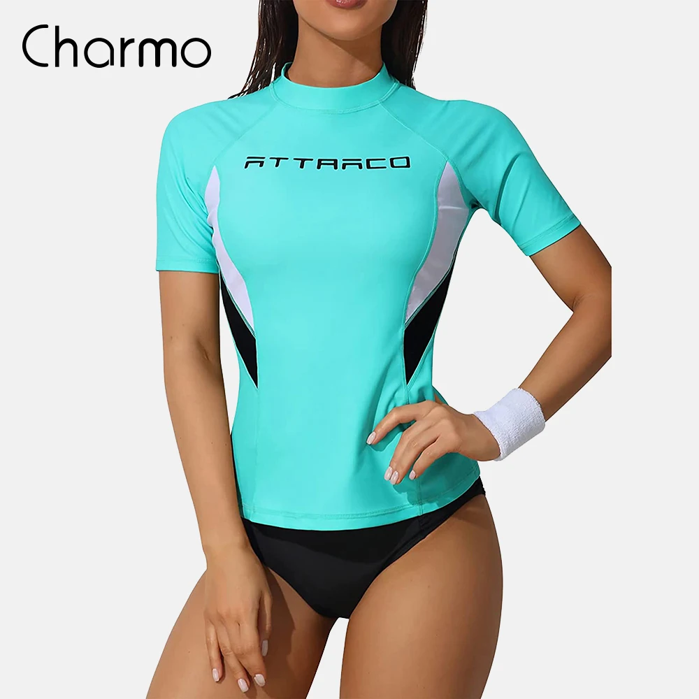 Charmo Women Short Sleeve Rash Guard Shirts Swimwear Rash Guard Top Surf Top Close-fitting Shirt UPF 50+