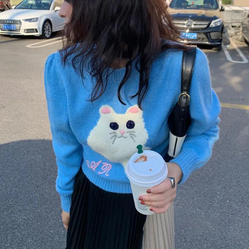 Cartoon Cat Knitwear Pullovers Sweater Women Spring O Neck Blue Sweater Jumper Female Long Sleeve Soft Knit Sweater For Women